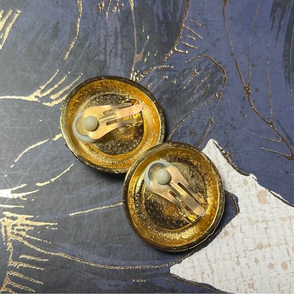 Vintage 80s 1980s Large Oversized Gold Gemstone Flower Clip Earrings D1 - Picture 4 of 10